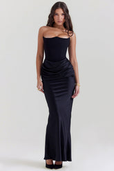 Black satin strapless gown