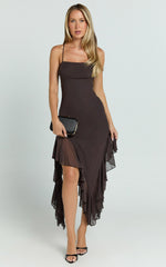 Constantina Midi Dress - Asymmetric Ruffle Tie Back Dress in Dark Chocolate