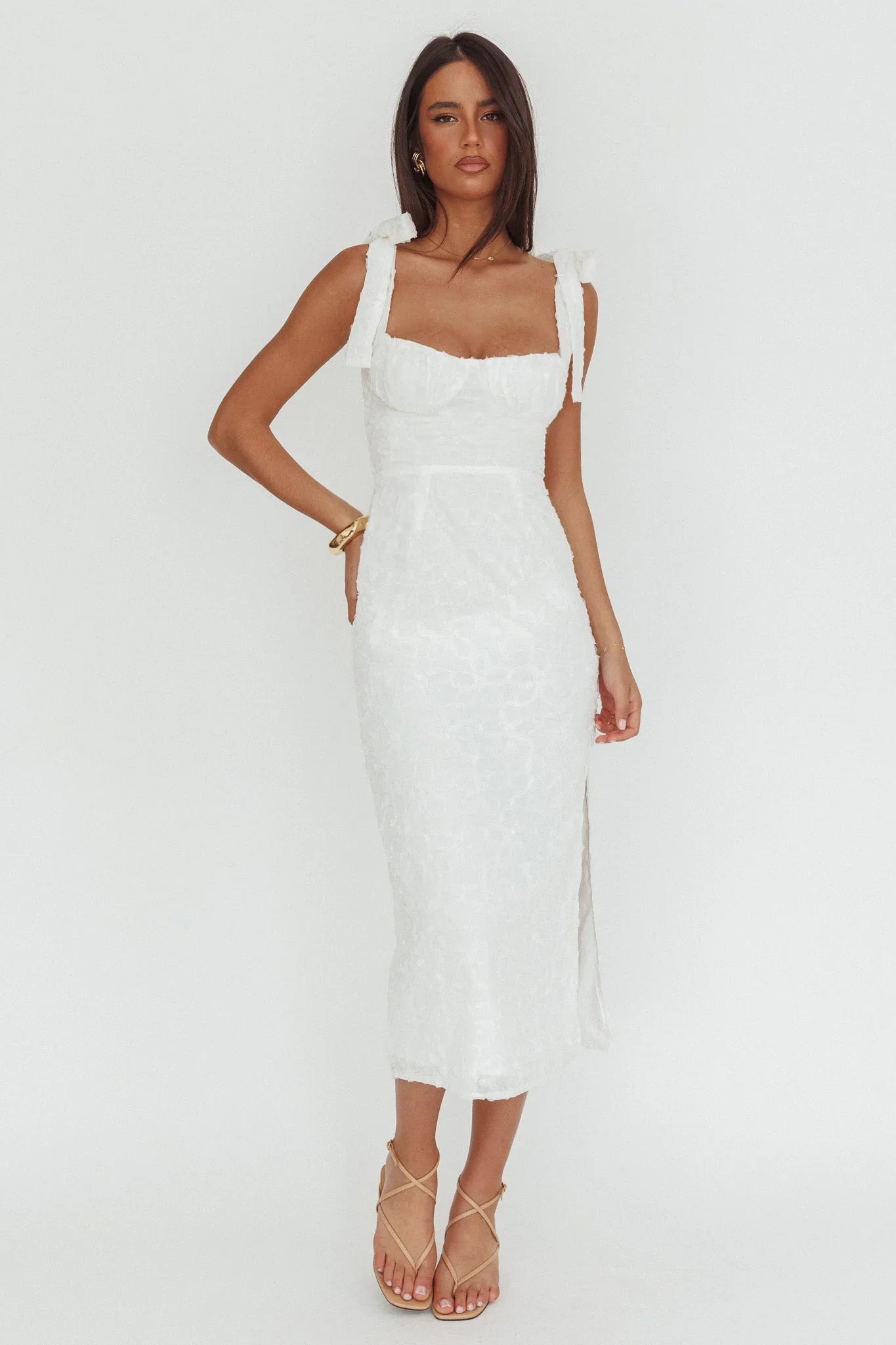 Cupid Tied Shoulder Embellished Midi Dress White